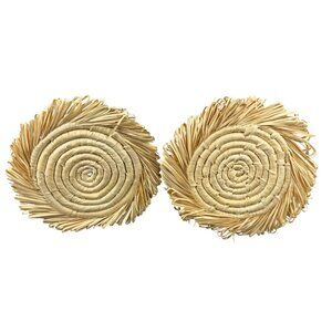 Set of 2 Boho Woven Raffia Wall Art Hangings Natural Fiber Fringe Straw Decor